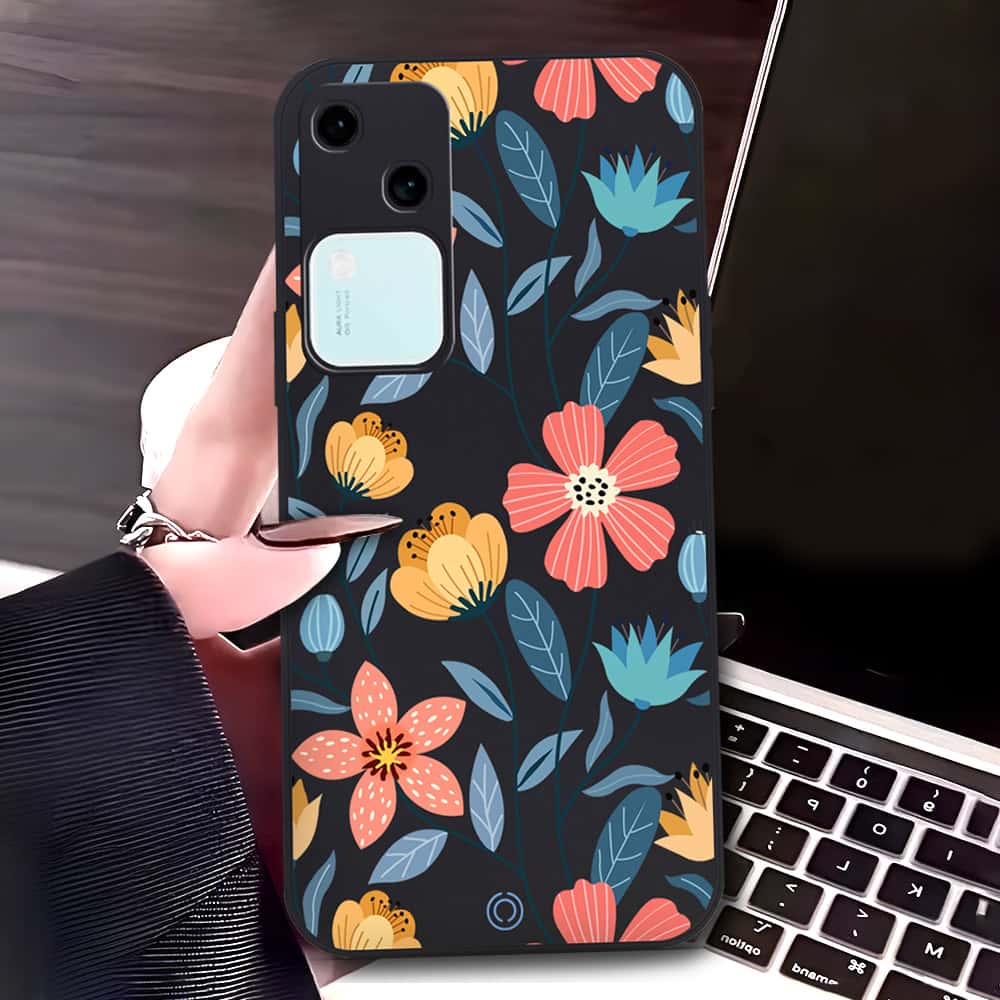 Vivo V30 Cover - Black - D2 - ONation Floral Series - HQ Liquid Silicone Soft Case
