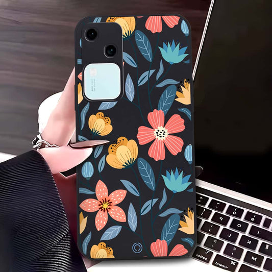Vivo V30 Cover - Black - D2 - ONation Floral Series - HQ Liquid Silicone Soft Case
