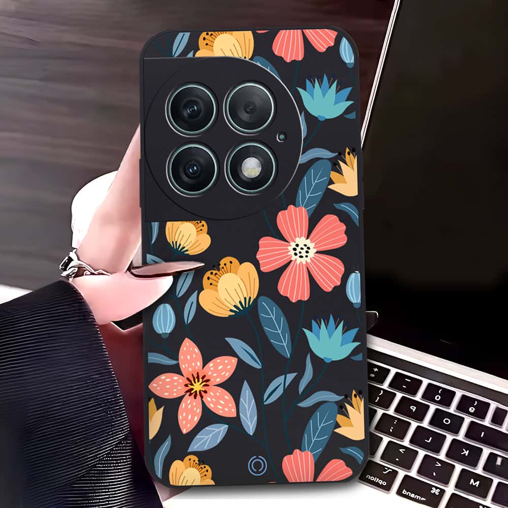 OnePlus Ace 2 Pro Cover - Black - D2 - ONation Floral Series - HQ Liquid Silicone Soft Case