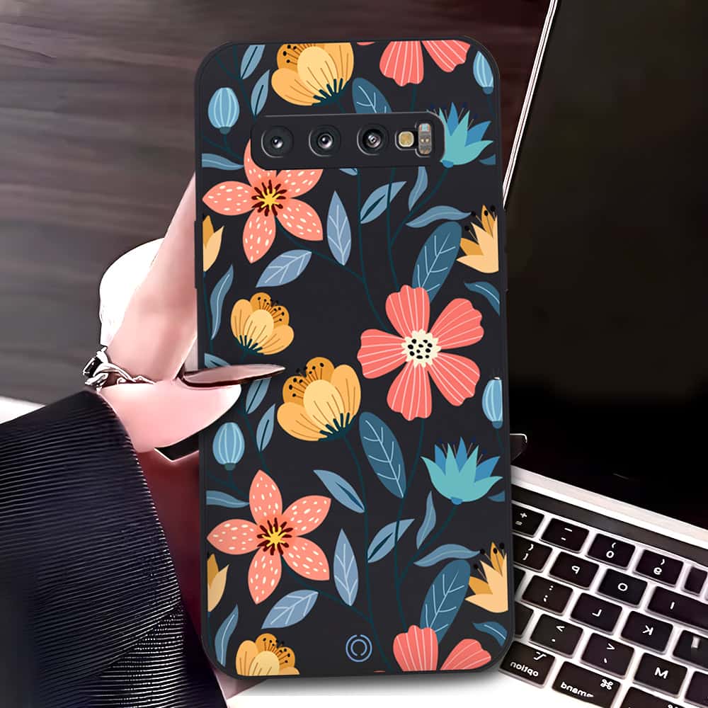 Samsung Galaxy S10 Cover - Black - D2 - ONation Floral Series - HQ Liquid Silicone Soft Case