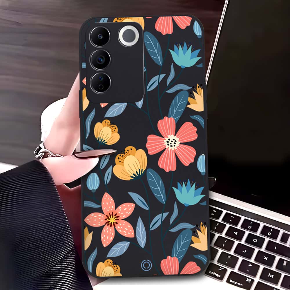Vivo S16e Cover - Black - D2 - ONation Floral Series - HQ Liquid Silicone Soft Case