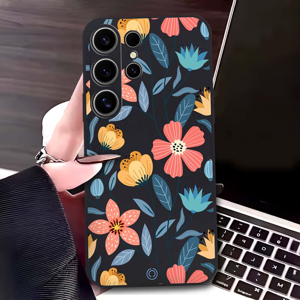 Samsung Galaxy S24 Ultra Cover - Black - D2 - ONation Floral Series - HQ Liquid Silicone Soft Case