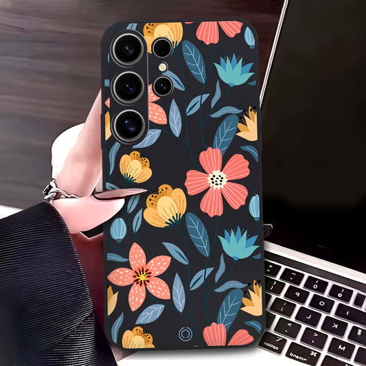 Samsung Galaxy S24 Ultra Cover - Black - D2 - ONation Floral Series - HQ Liquid Silicone Soft Case