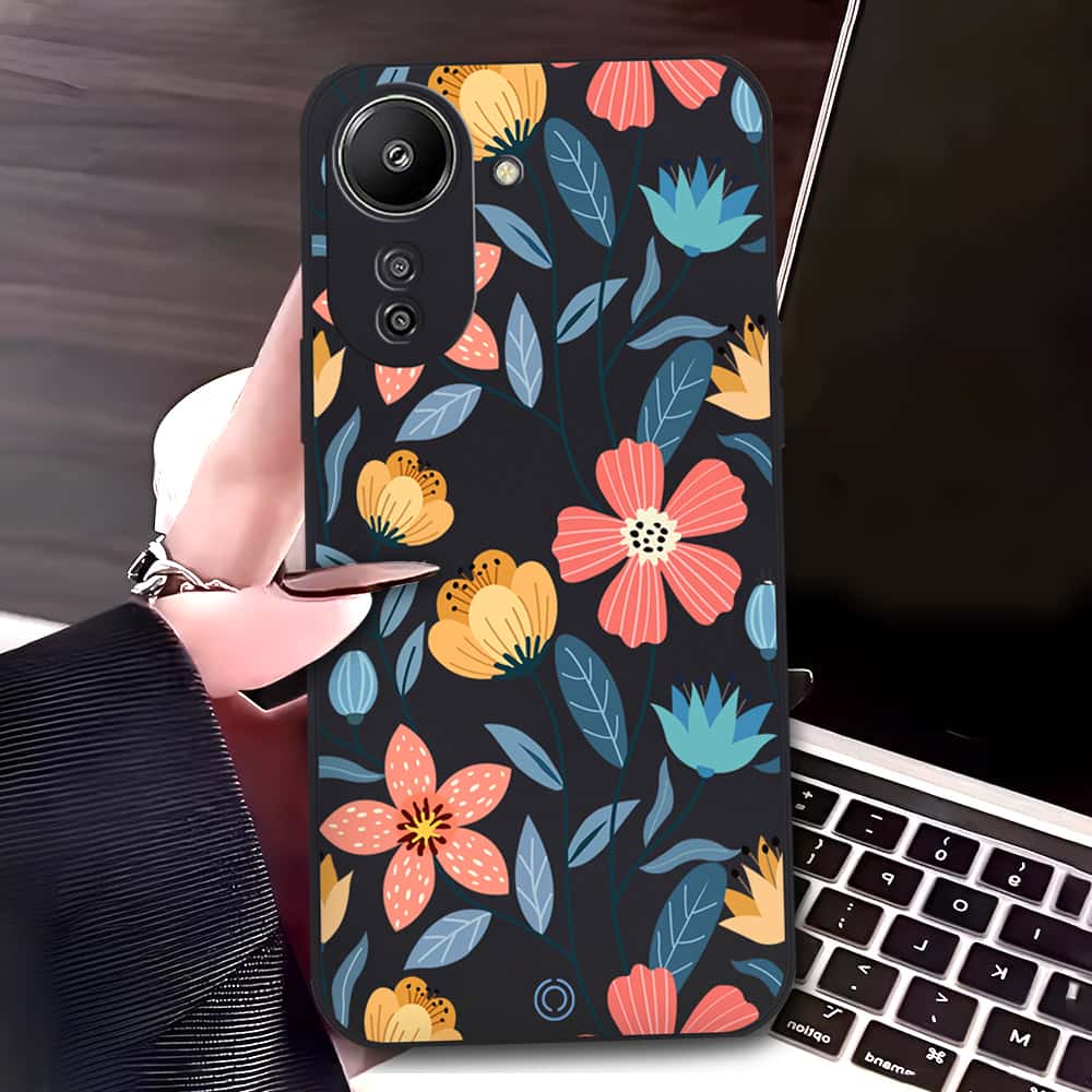 Xiaomi Redmi 13C Cover - Black - D2 - ONation Floral Series - HQ Liquid Silicone Soft Case