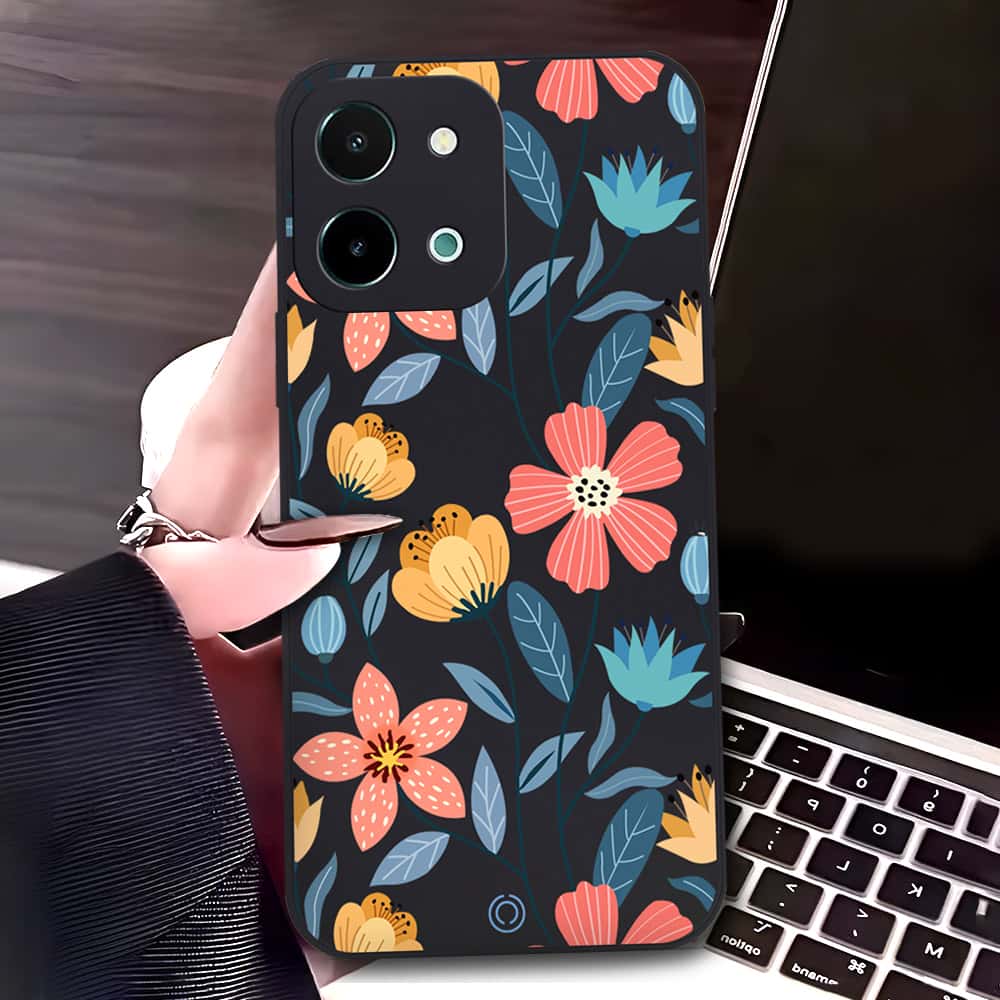 Vivo Y28 4G Cover - Black - D2 - ONation Floral Series - HQ Liquid Silicone Soft Case