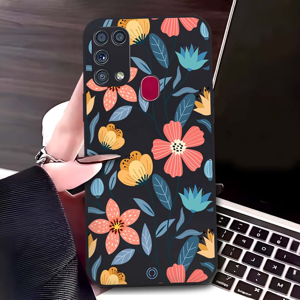 Samsung Galaxy M31 Cover - Black - D2 - ONation Floral Series - HQ Liquid Silicone Soft Case