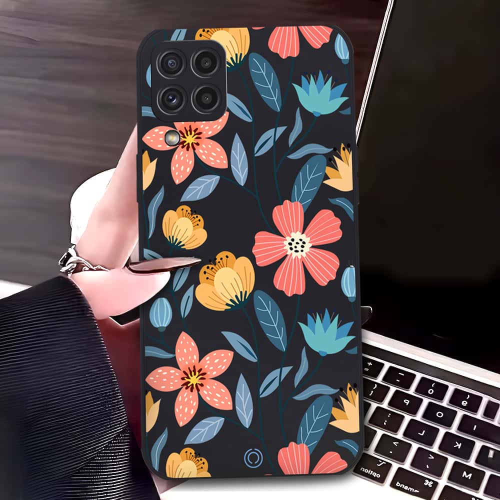 Samsung Galaxy A22 Cover - Black - D2 - ONation Floral Series - HQ Liquid Silicone Soft Case