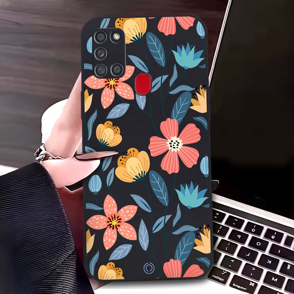 Samsung Galaxy A21s Cover - Black - D2 - ONation Floral Series - HQ Liquid Silicone Soft Case