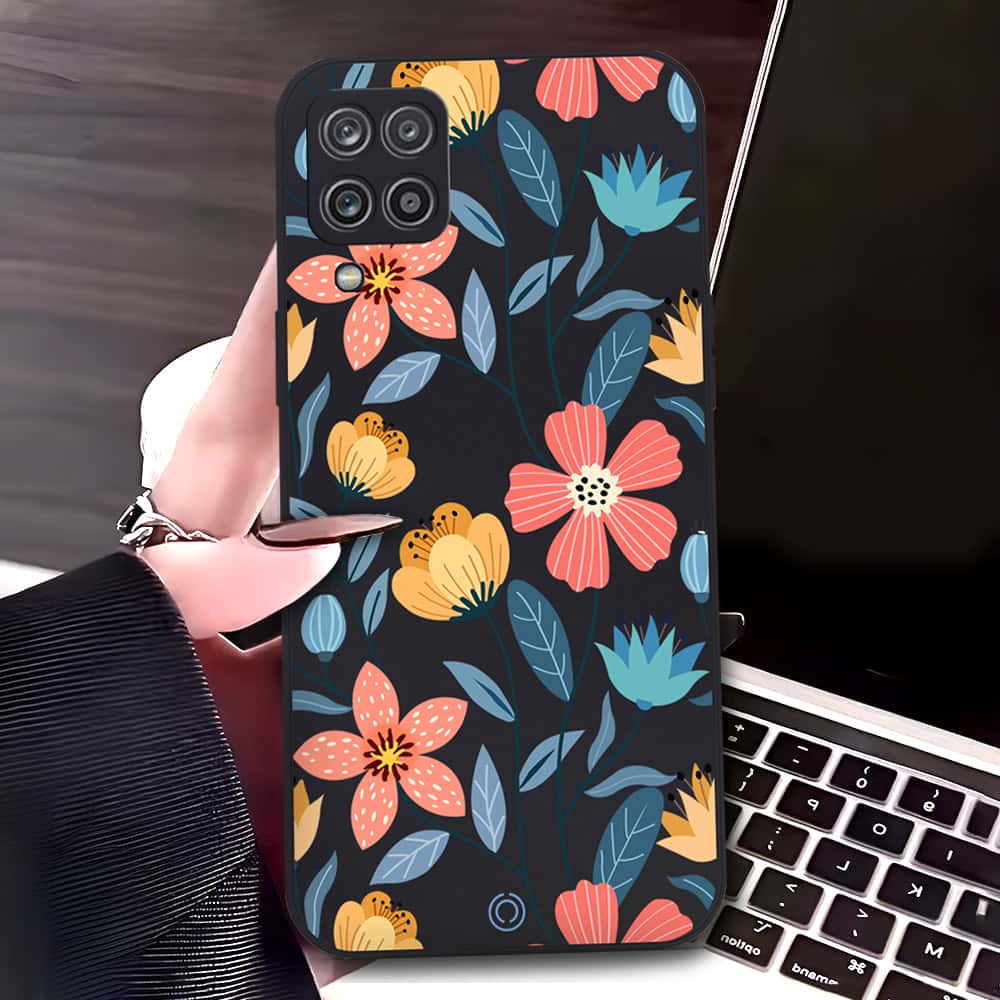 Samsung Galaxy A12 Cover - Black - D2 - ONation Floral Series - HQ Liquid Silicone Soft Case