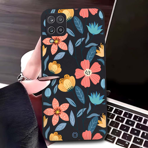 Samsung Galaxy A12 Cover - Black - D2 - ONation Floral Series - HQ Liquid Silicone Soft Case