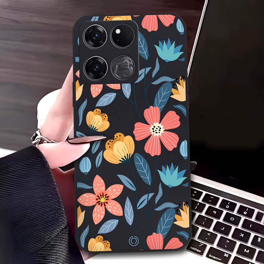 OnePlus Ace Racing Cover - Black - D2 - ONation Floral Series - HQ Liquid Silicone Soft Case