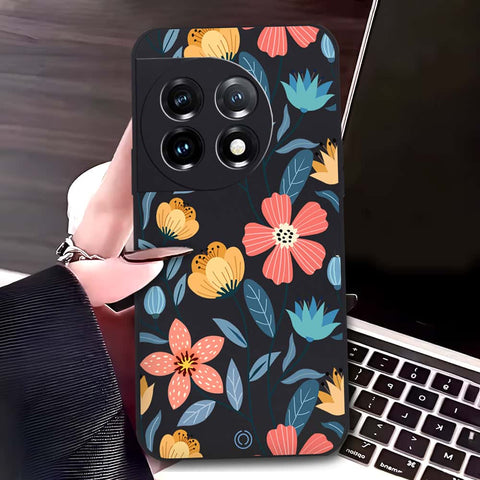 OnePlus 11 Cover - Black - D2 - ONation Floral Series - HQ Liquid Silicone Soft Case