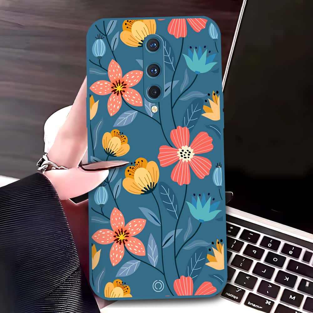 OnePlus 8 Cover - Blue - D2 - ONation Floral Series - HQ Liquid Silicone Soft Case