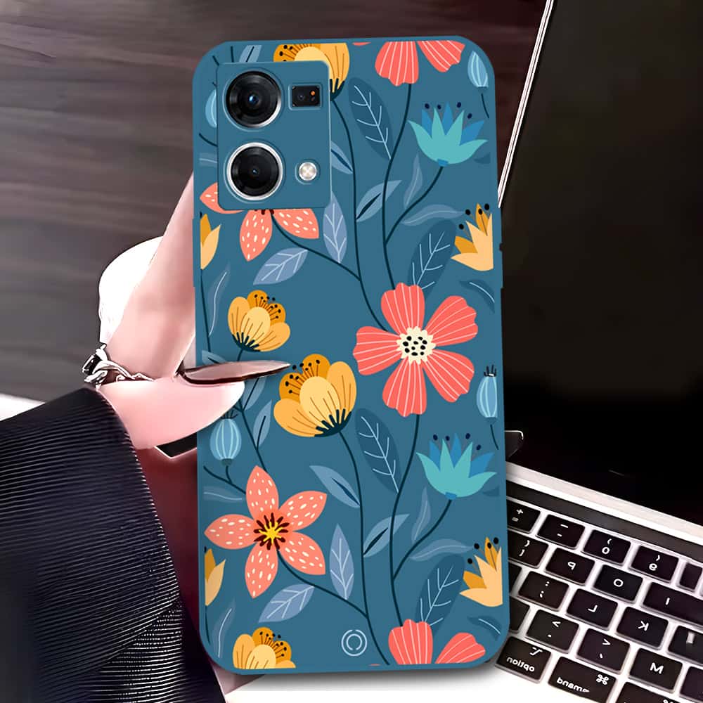 Oppo Reno 7 4G Cover - Blue - D2 - ONation Floral Series - HQ Liquid Silicone Soft Case