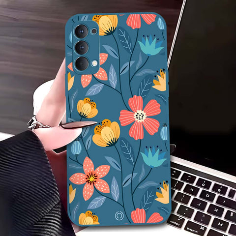 Oppo Reno 4 5G Cover - Blue - D2 - ONation Floral Series - HQ Liquid Silicone Soft Case