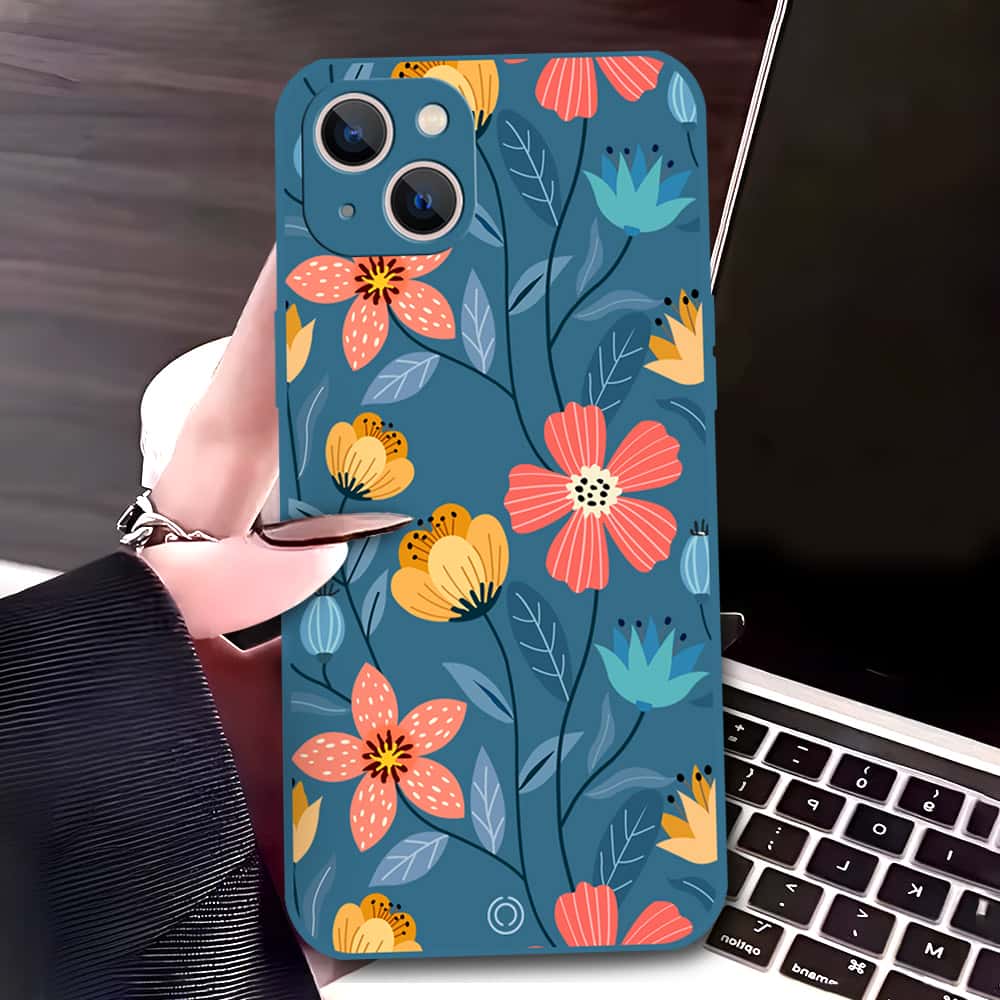 iPhone 13 Mini Cover - Blue - D2 - ONation Floral Series - HQ Liquid Silicone Soft Case