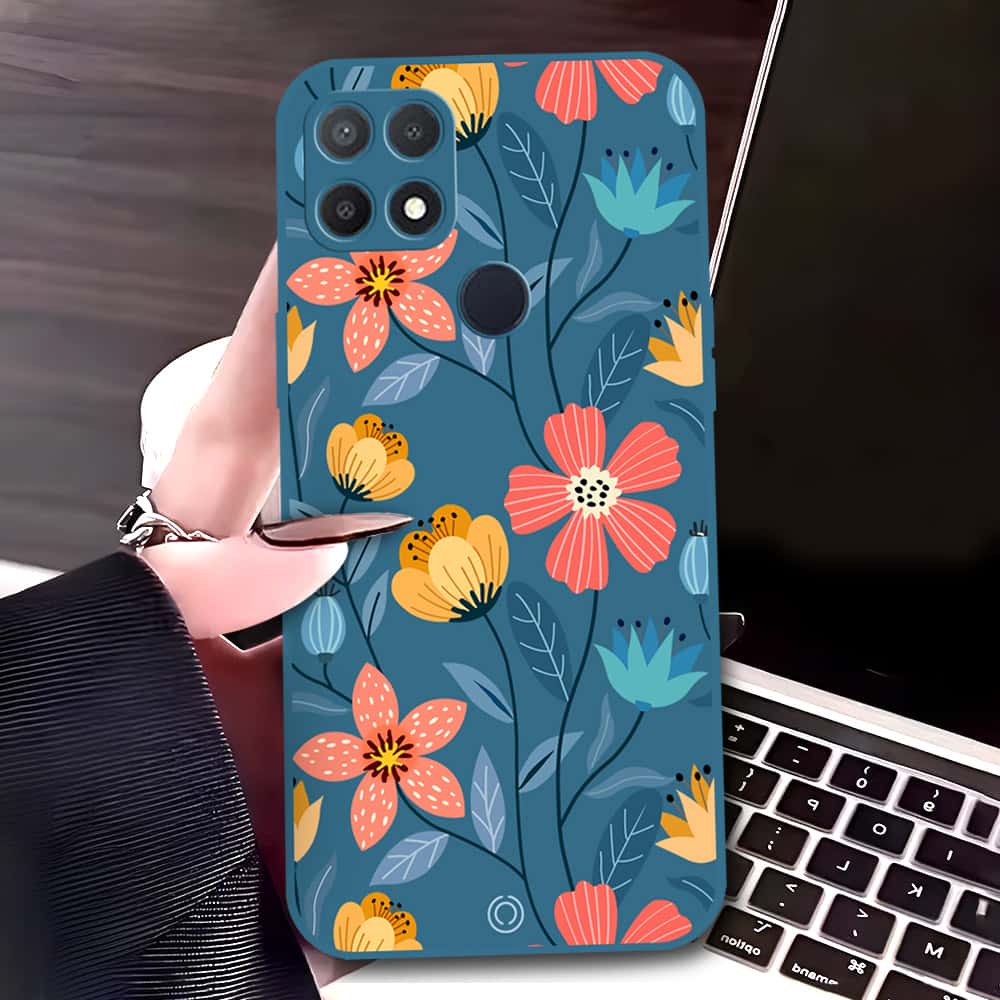 Oppo A15 Cover - Blue - D2 - ONation Floral Series - HQ Liquid Silicone Soft Case