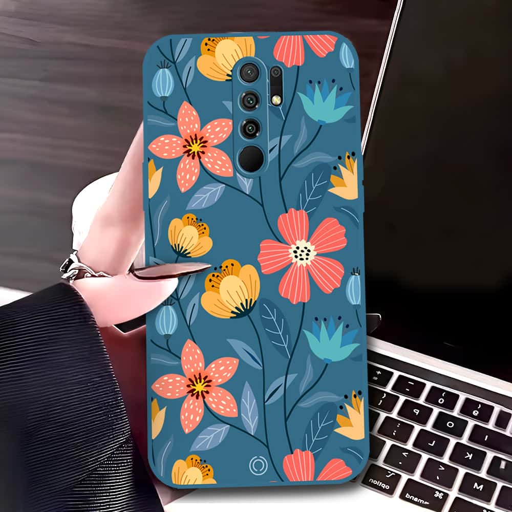 Xiaomi Redmi 9 Prime Cover - Blue - D2 - ONation Floral Series - HQ Liquid Silicone Soft Case