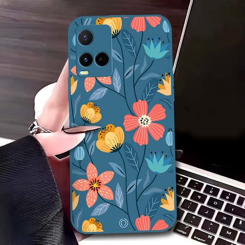 Vivo Y33t Cover - Blue - D2 - ONation Floral Series - HQ Liquid Silicone Soft Case