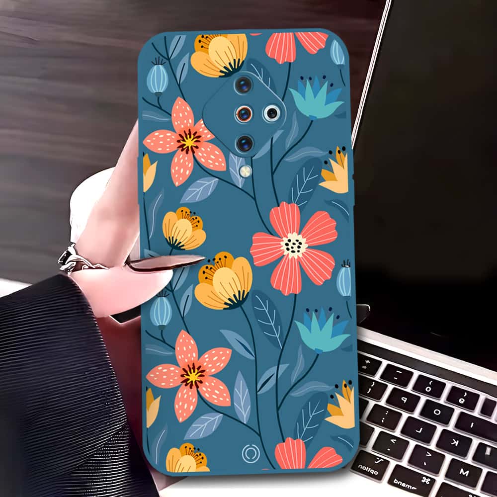 Vivo Y9s Cover - Blue - D2 - ONation Floral Series - HQ Liquid Silicone Soft Case