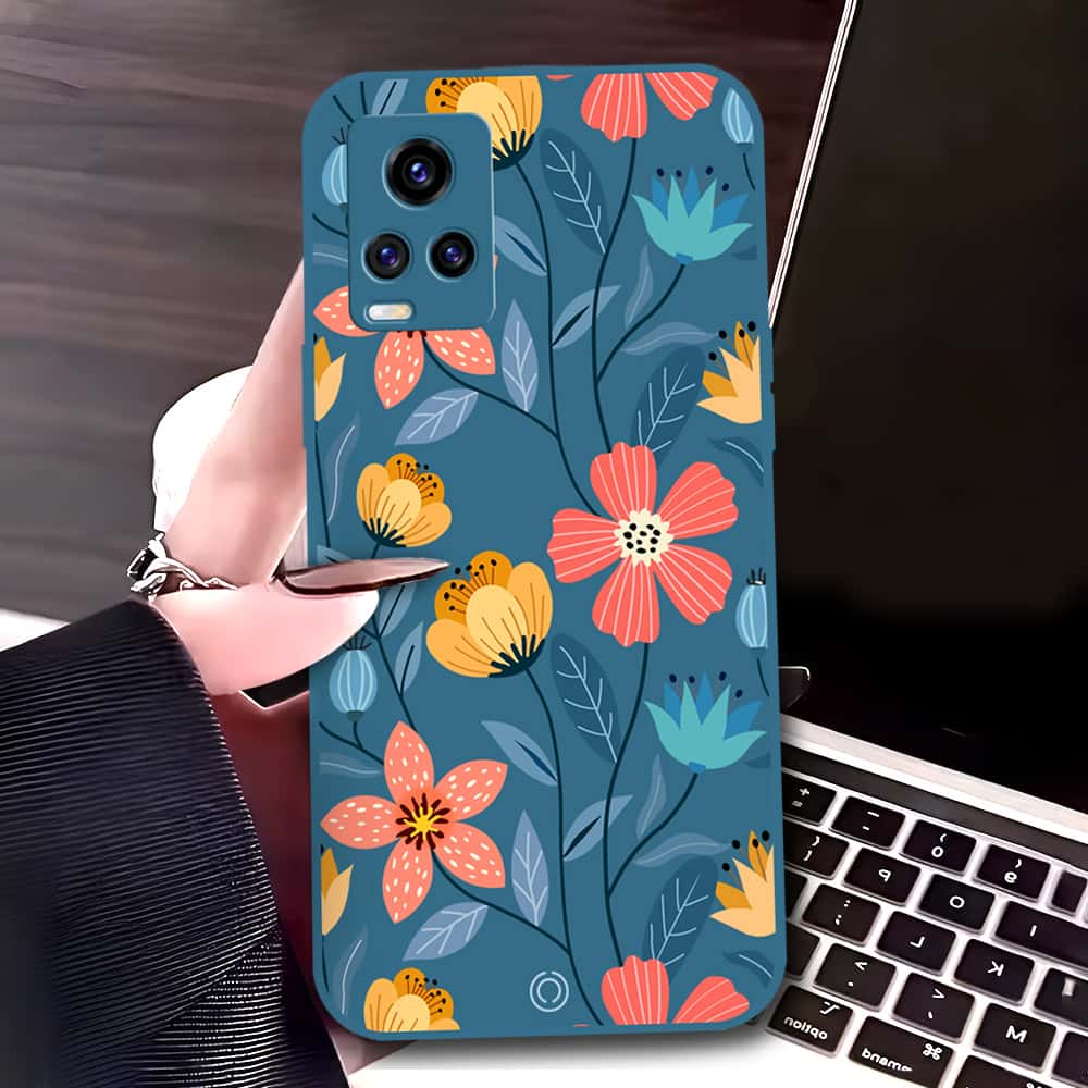 Vivo V20 Cover - Blue - D2 - ONation Floral Series - HQ Liquid Silicone Soft Case