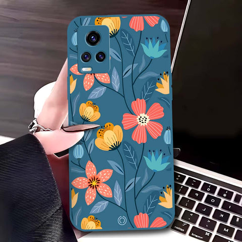 Vivo V20 Cover - Blue - D2 - ONation Floral Series - HQ Liquid Silicone Soft Case