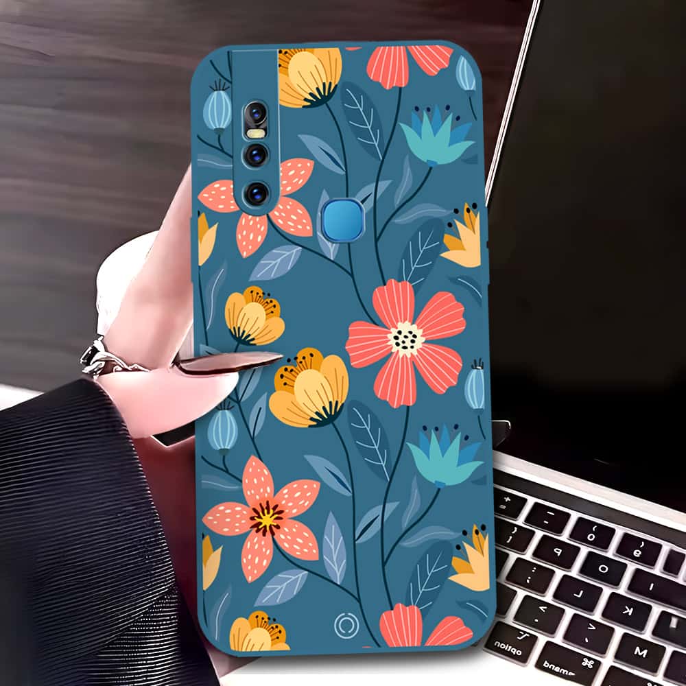 Vivo V15 Cover - Blue - D2 - ONation Floral Series - HQ Liquid Silicone Soft Case