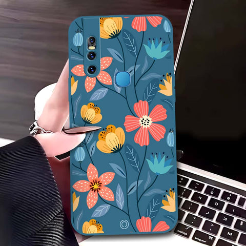 Vivo V15 Cover - Blue - D2 - ONation Floral Series - HQ Liquid Silicone Soft Case