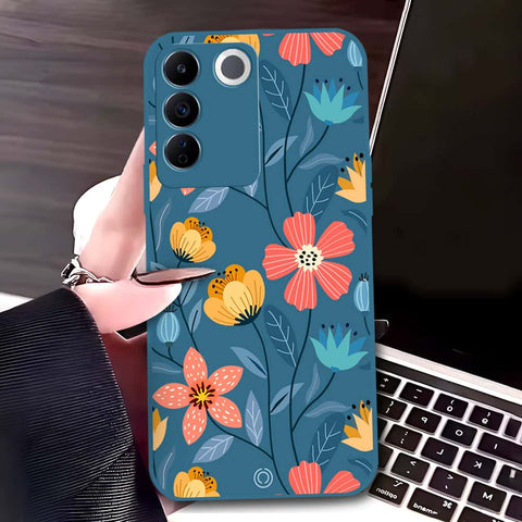 Vivo S16e Cover - Blue - D2 - ONation Floral Series - HQ Liquid Silicone Soft Case