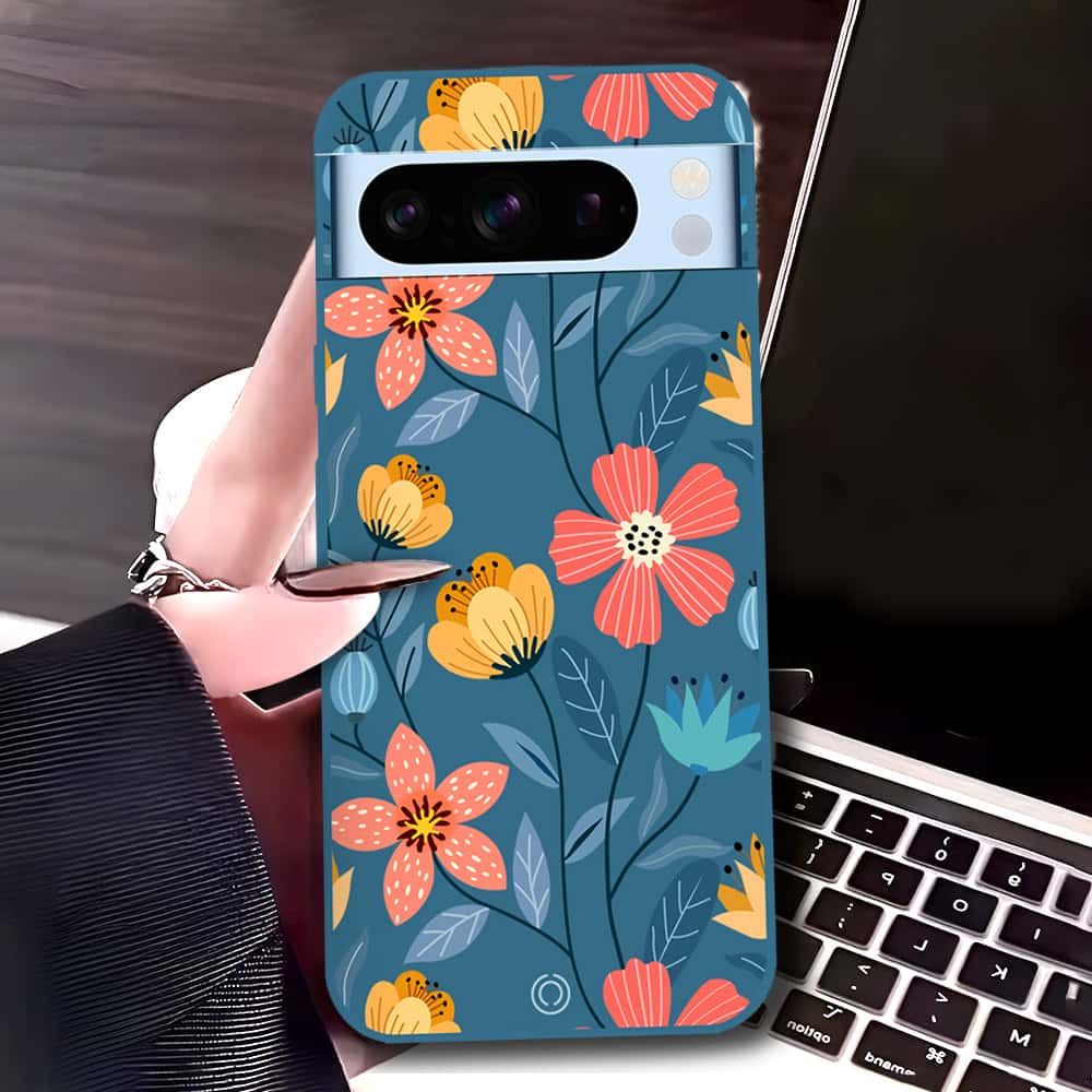 Google Pixel 8 Pro Cover - Blue - D2 - ONation Floral Series - HQ Liquid Silicone Soft Case (Fast Delivery)(U)