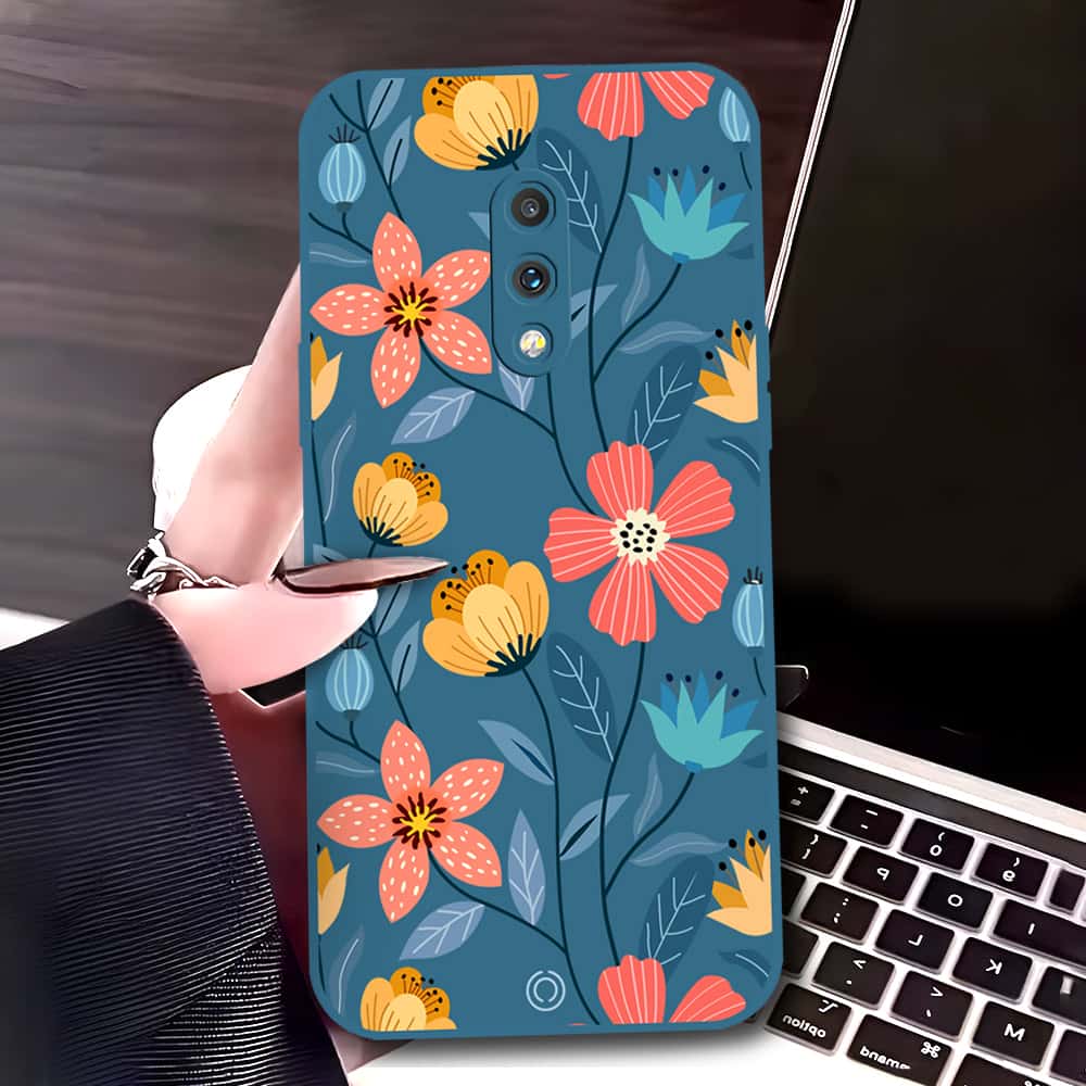 OnePlus 7 Cover - Blue - D2 - ONation Floral Series - HQ Liquid Silicone Soft Case