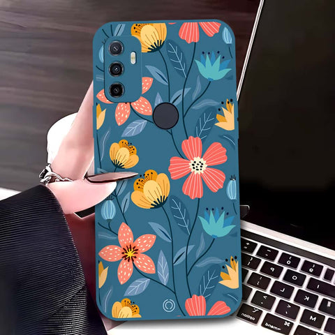 Oppo A32 Cover - Blue - D2 - ONation Floral Series - HQ Liquid Silicone Soft Case