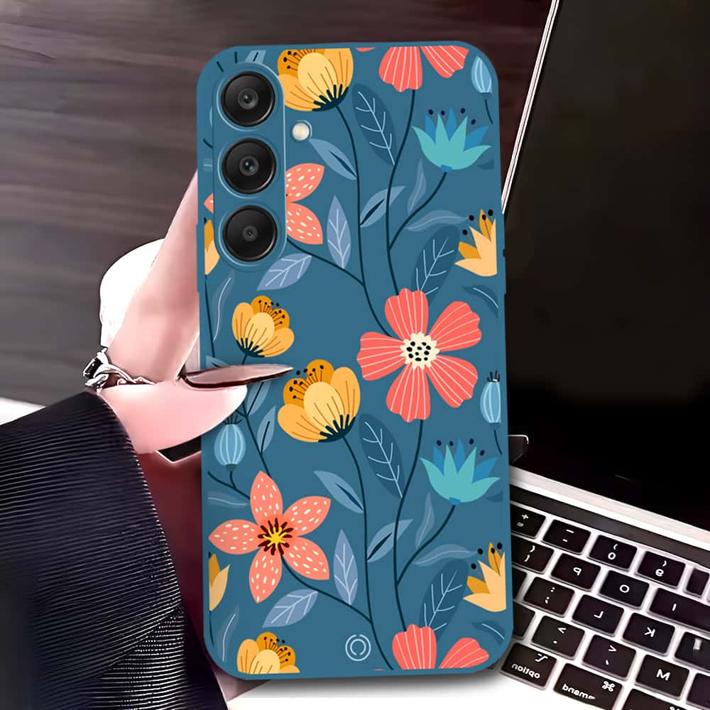 Samsung Galaxy A25 5G Cover - Blue - D2 - ONation Floral Series - HQ Liquid Silicone Soft Case (Fast Delivery)
