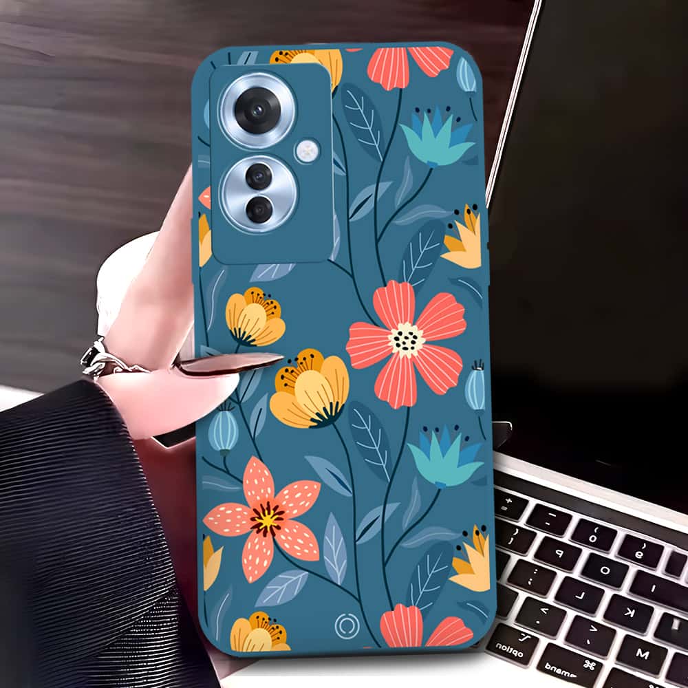 Oppo Reno 11F 5G Cover - Blue - D2 - ONation Floral Series - HQ Liquid Silicone Soft Case