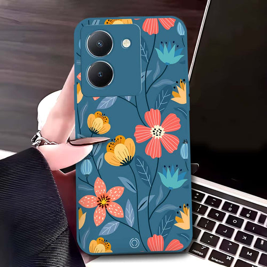 Vivo Y36 5G Cover - Blue - D2 - ONation Floral Series - HQ Liquid Silicone Soft Case