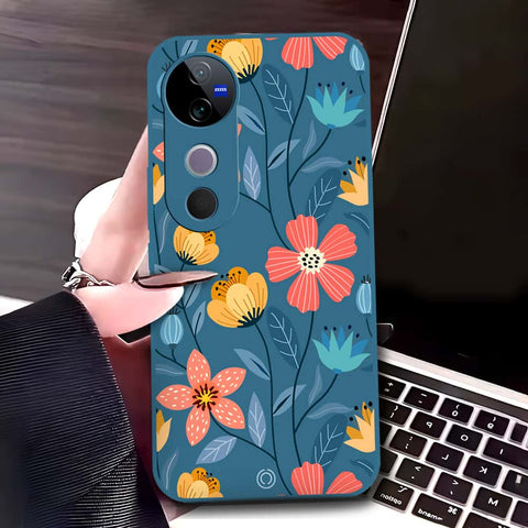 Vivo S19 Cover - Blue - D2 - ONation Floral Series - HQ Liquid Silicone Soft Case (Fast Delivery)