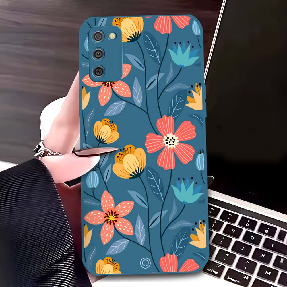 Samsung Galaxy A02s Cover - Blue - D2 - ONation Floral Series - HQ Liquid Silicone Soft Case