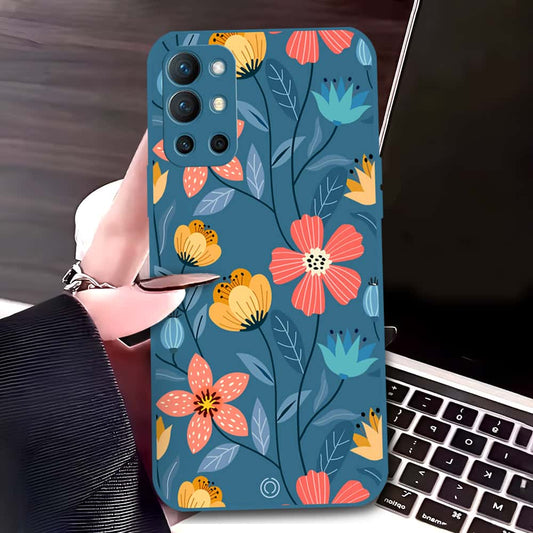 OnePlus 9R Cover - Blue - D2 - ONation Floral Series - HQ Liquid Silicone Soft Case