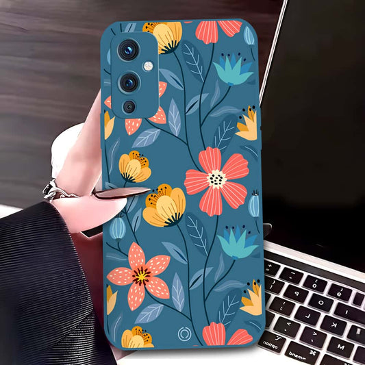 OnePlus 9 Cover - Blue - D2 - ONation Floral Series - HQ Liquid Silicone Soft Case