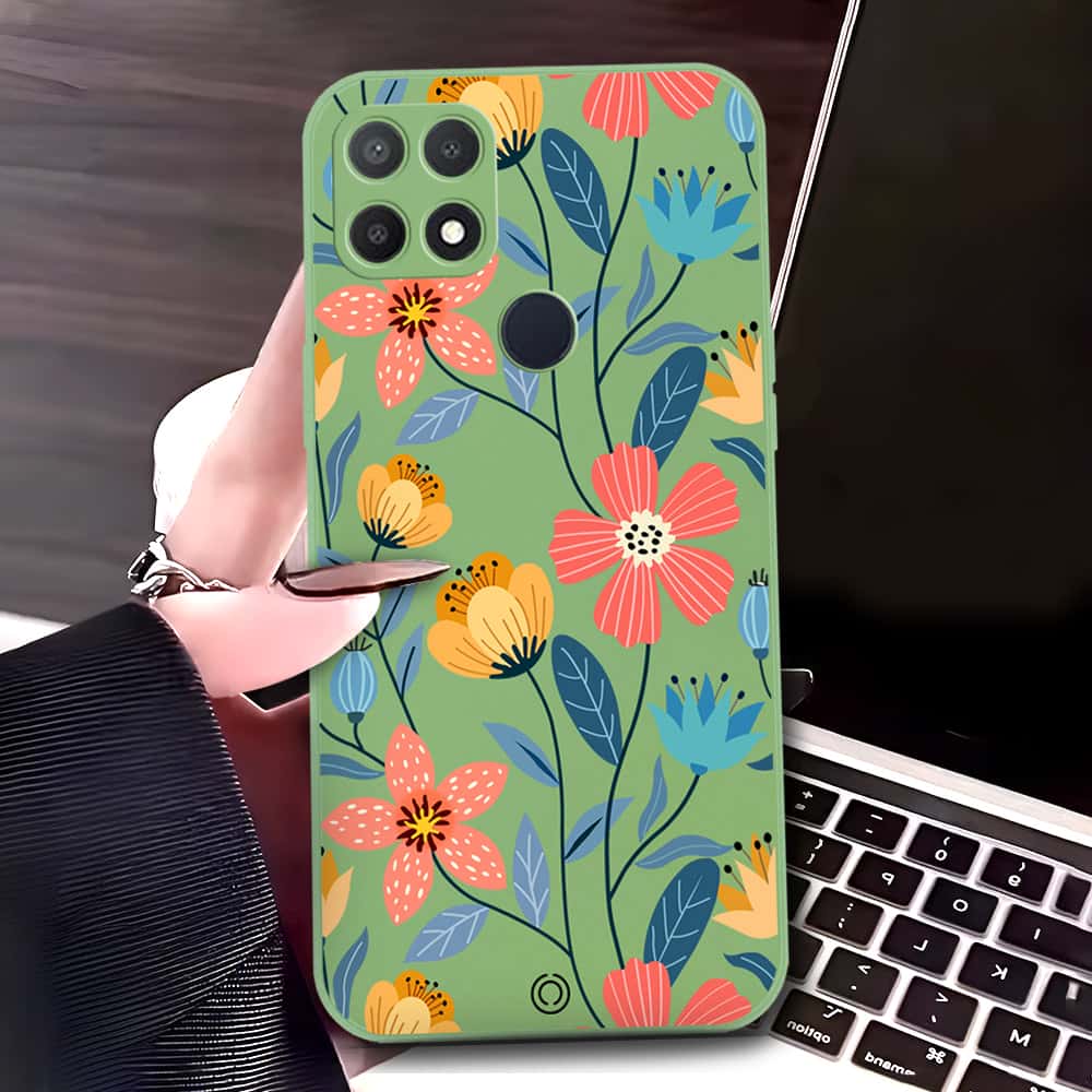 Oppo A15 Cover - Light Green - D2 - ONation Floral Series - HQ Liquid Silicone Soft Case