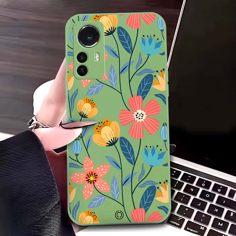 Xiaomi 12 Cover - Light Green - D2 - ONation Floral Series - HQ Liquid Silicone Soft Case