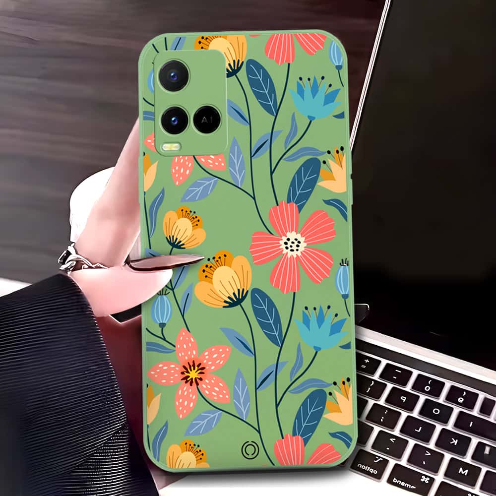 LightGreen - Vivo Y33t Cover - Light Green - D2 - ONation Floral Series - HQ Liquid Silicone Soft Case