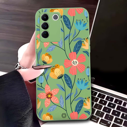 Vivo V27e Cover - Light Green - D2 - ONation Floral Series - HQ Liquid Silicone Soft Case