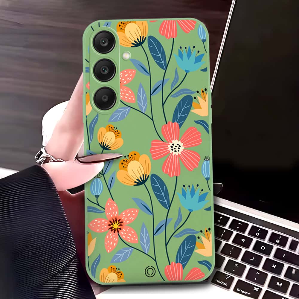 Samsung Galaxy S24 Ultra Cover - Light Green - D2 - ONation Floral Series - HQ Liquid Silicone Soft Case