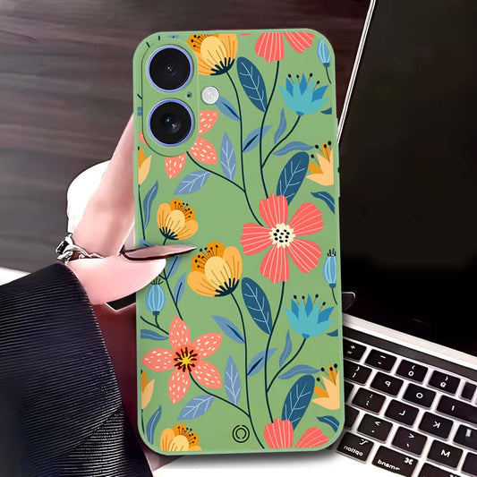 iPhone 17 Cover - Light Green - D2 - ONation Floral Series - HQ Liquid Silicone Soft Case