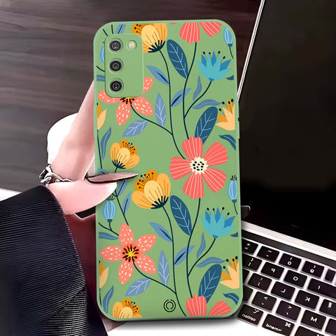 Samsung Galaxy M02s Cover - Light Green - D2 - ONation Floral Series - HQ Liquid Silicone Soft Case