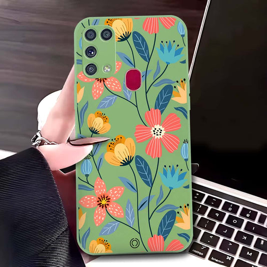 Samsung Galaxy M31 Cover - Light Green - D2 - ONation Floral Series - HQ Liquid Silicone Soft Case