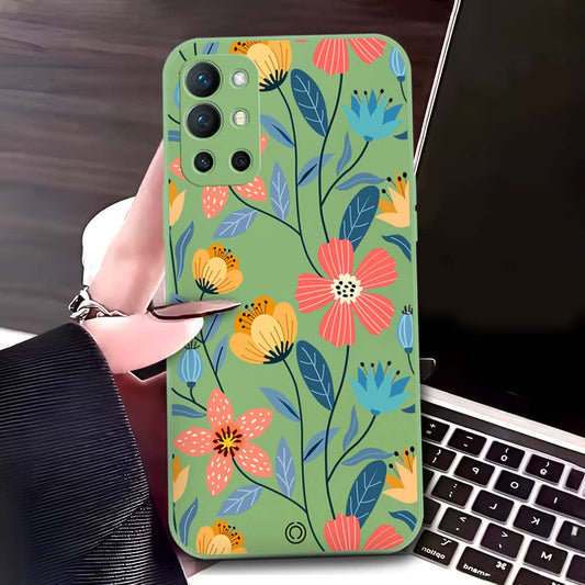 OnePlus 9R Cover - Light Green - D2 - ONation Floral Series - HQ Liquid Silicone Soft Case