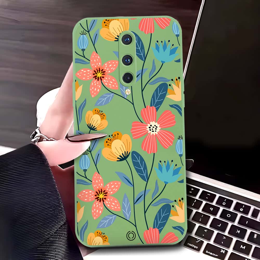 OnePlus 8 Cover - Light Green - D2 - ONation Floral Series - HQ Liquid Silicone Soft Case