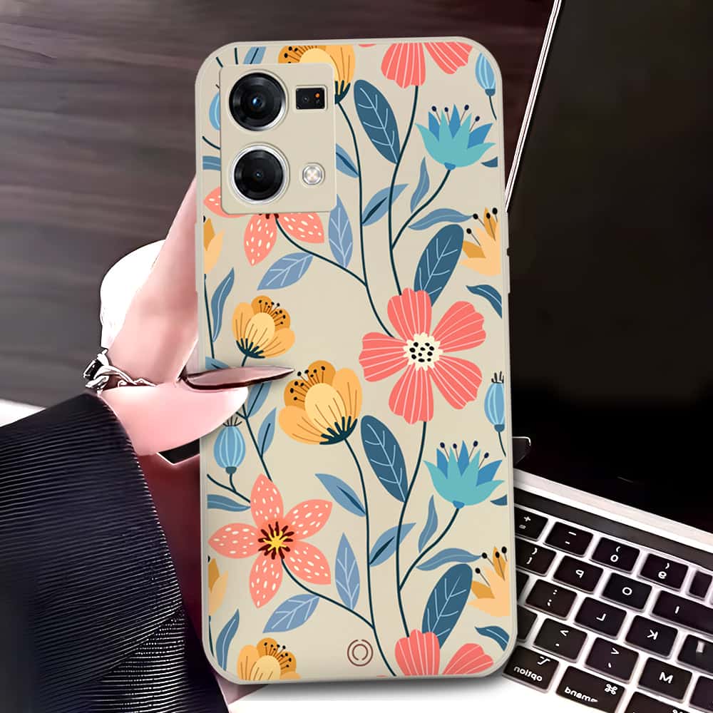 Oppo Reno 7 4G Cover - Off White - D2 - ONation Floral Series - HQ Liquid Silicone Soft Case